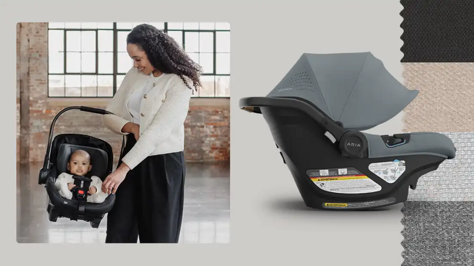 Woman holding baby in infant car seat next to side view of gray UPPAbaby Aria car seat with canopy and fabric swatches.