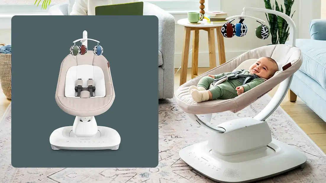 Infant lies in a UPPAbaby Mamaroo Smart Swing with soft beige seat and removable toy mobile, shown both front-on and at a slight angle in a cozy living room.